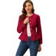 thumbnail image 3 of Chaqueta de mezclilla con cuello redondo y botones de manga larga con volante recortado y peplum para mujer Rojo oscuro M, 3 of 6