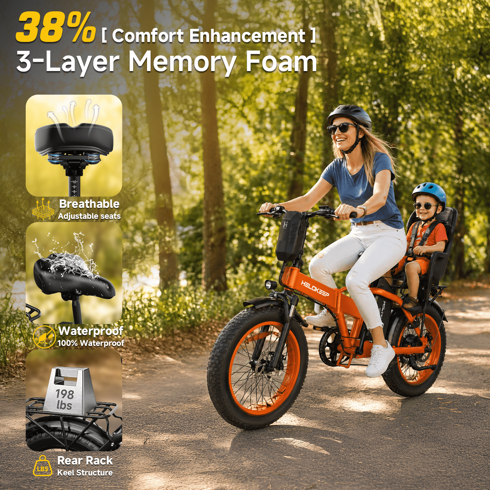Efunkeep 750W 1500W Folding Electric Mountain Bike 48V 25Ah UL 2849 20x4 Fat Tire 7-Speed Orange