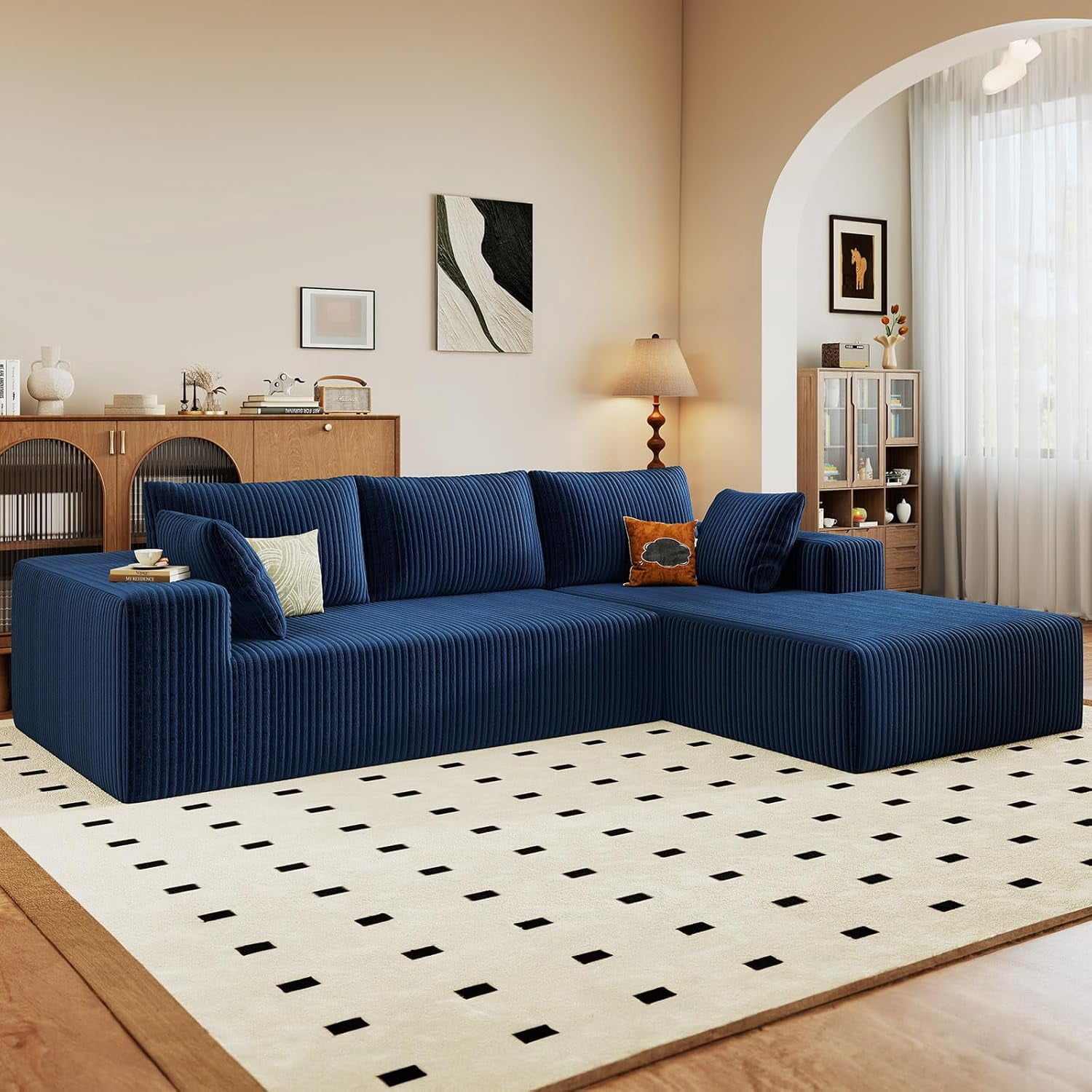 Cloud Couch Sectional, 96" L-Shaped Sofa, No Assembly Corduroy Couch with Chaise for Living Room,Blue
