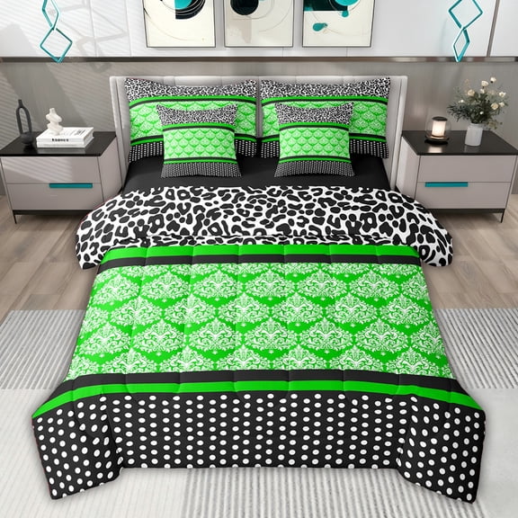 jejeloiu Vintage Boho Floral 7pcs Bedding Comforter Set,Green Black Queen Bedding Sets For Men Women Reversible