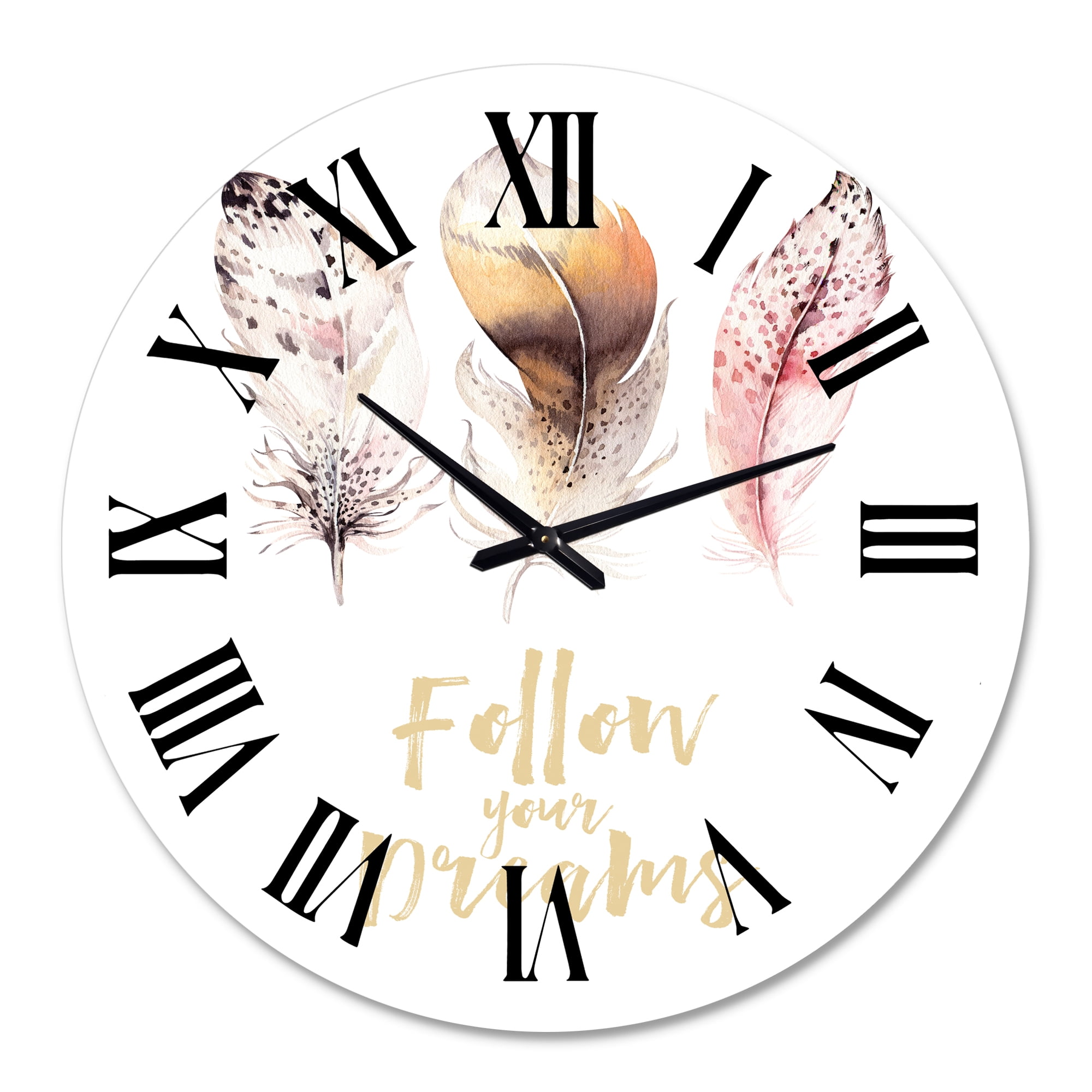 Designart 'Multicolored Boho Feathers Follow Your Dreams' Bohemian & Eclectic Wall Clock