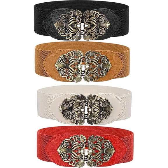 2/3/4 Piece Set Women's Vintage Wide Belt Dress, Elastic Waistband Vintage Interlocking Buckle