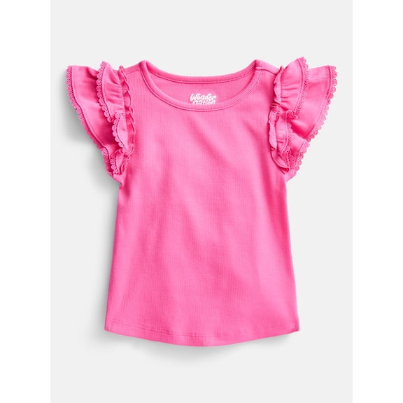 Wonder Nation Girls' Ribbed Top with Short Ruffle Sleeves, Sizes 4-18 & Plus