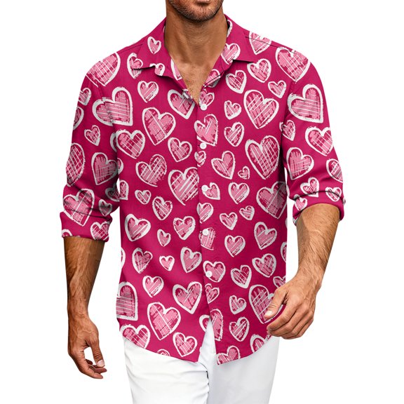Fgvctg Valentine's Day Button Down Shirt for Men Long Sleeve V Neck Shirt Collared Fashion Blouses Date Day Love Heart Print Plus Size Business Casual Outfits Pink L