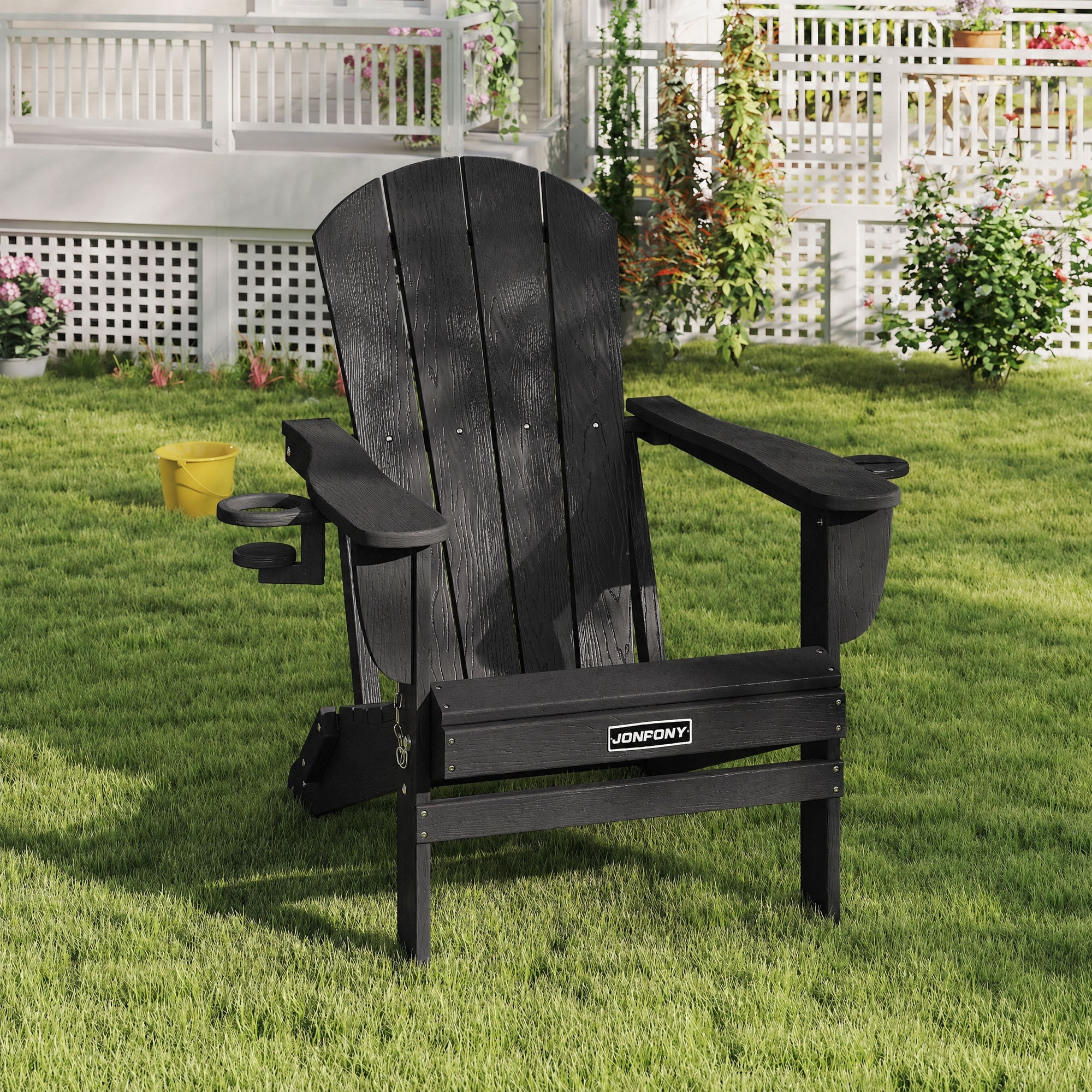 JONPONY Folding Adirondack Chair - HDPE All-Weather Outdoor Chairs, Patio Chairs Outdoor Wood Like Adirondack Chair for Backyard, Camping, Pool & Fire Pit,Black