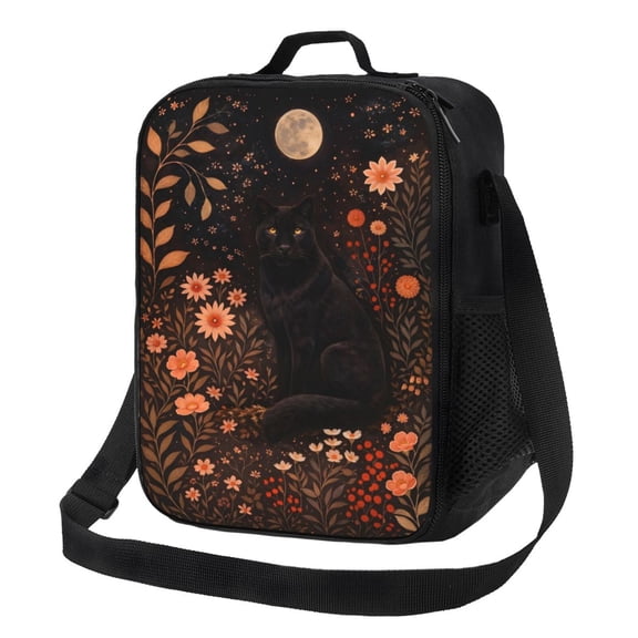 Black Cat Moon Lunch Bag Insulated Thermal Box with Shoulder Strap & Handle for Work and Picnic