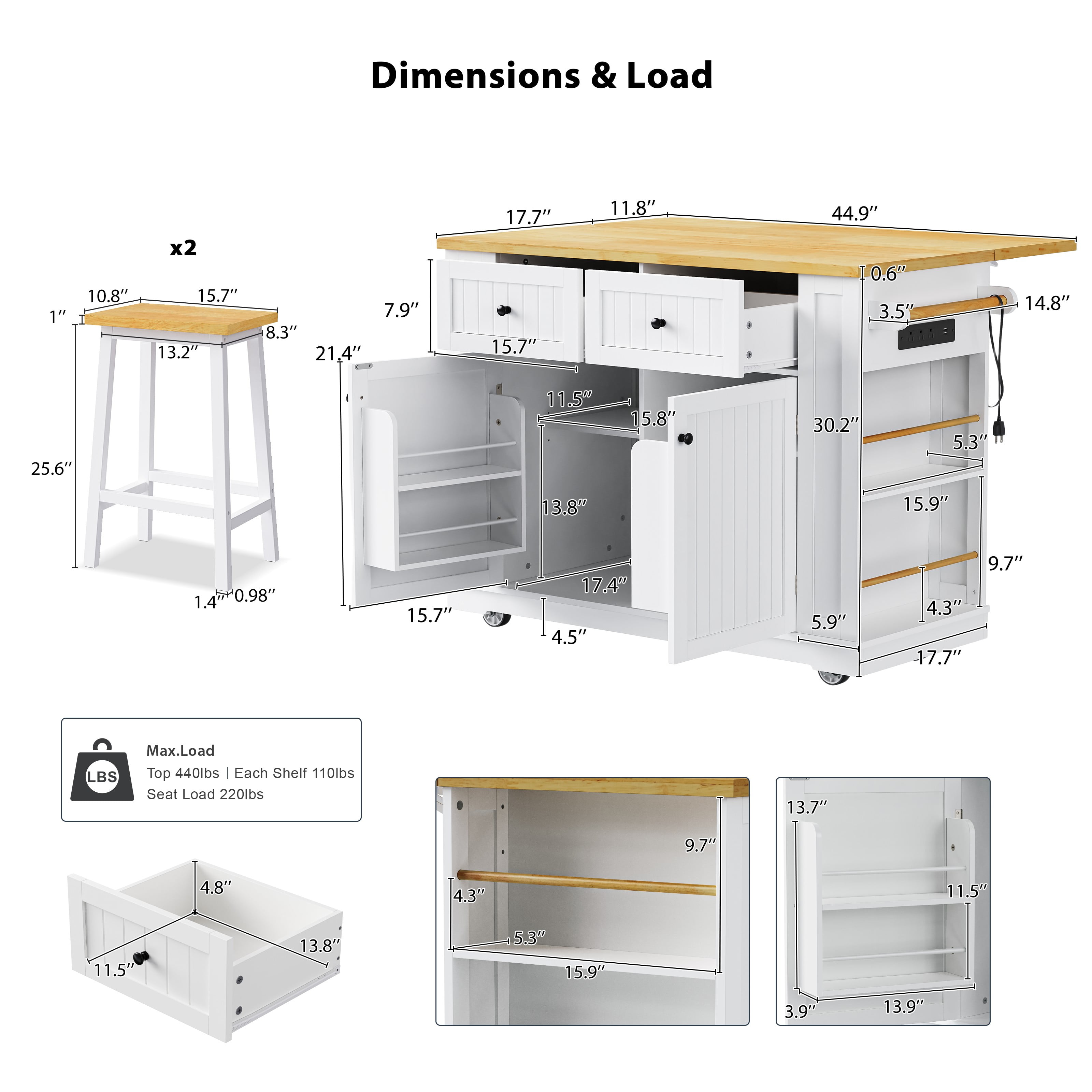Harper & Bright Designs Kitchen Island with 2 Bar Stools, Kitchen Storage Cart on Wheels with Drop Leaf, Rolling Kitchen Island with Drawers and Power Outlet, White