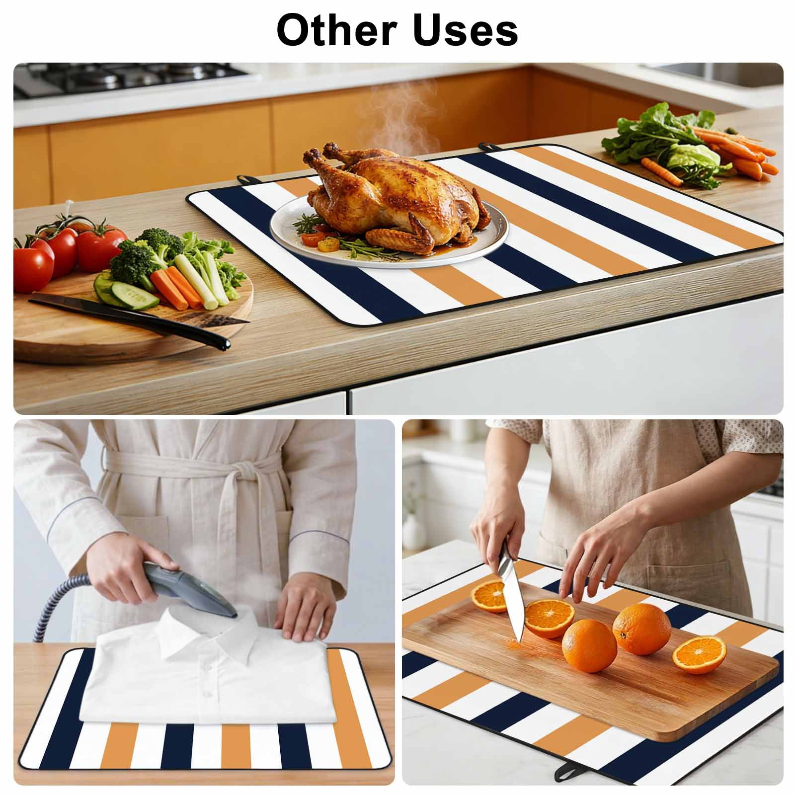 Burnt Orange Navy Blue Striped Stove Top Cover for Electric Stove, Heat-proof & Non Slip Glass Top Stove Cover Protector, Farmhouse Stripe Art Kitchen Flat Cooktop Rubber Mat 31x24 Inches