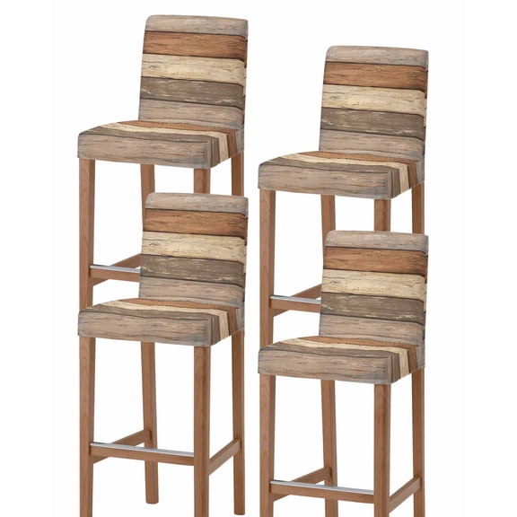 Farmhouse Beige Brown Bar Stool Covers Set of 4, Vintage Wooden Striped Stretch Washable Bar Chair Covers with Backs, Removable Pub Counter Height Chair Cover for Kitchen Dining Room Cafe