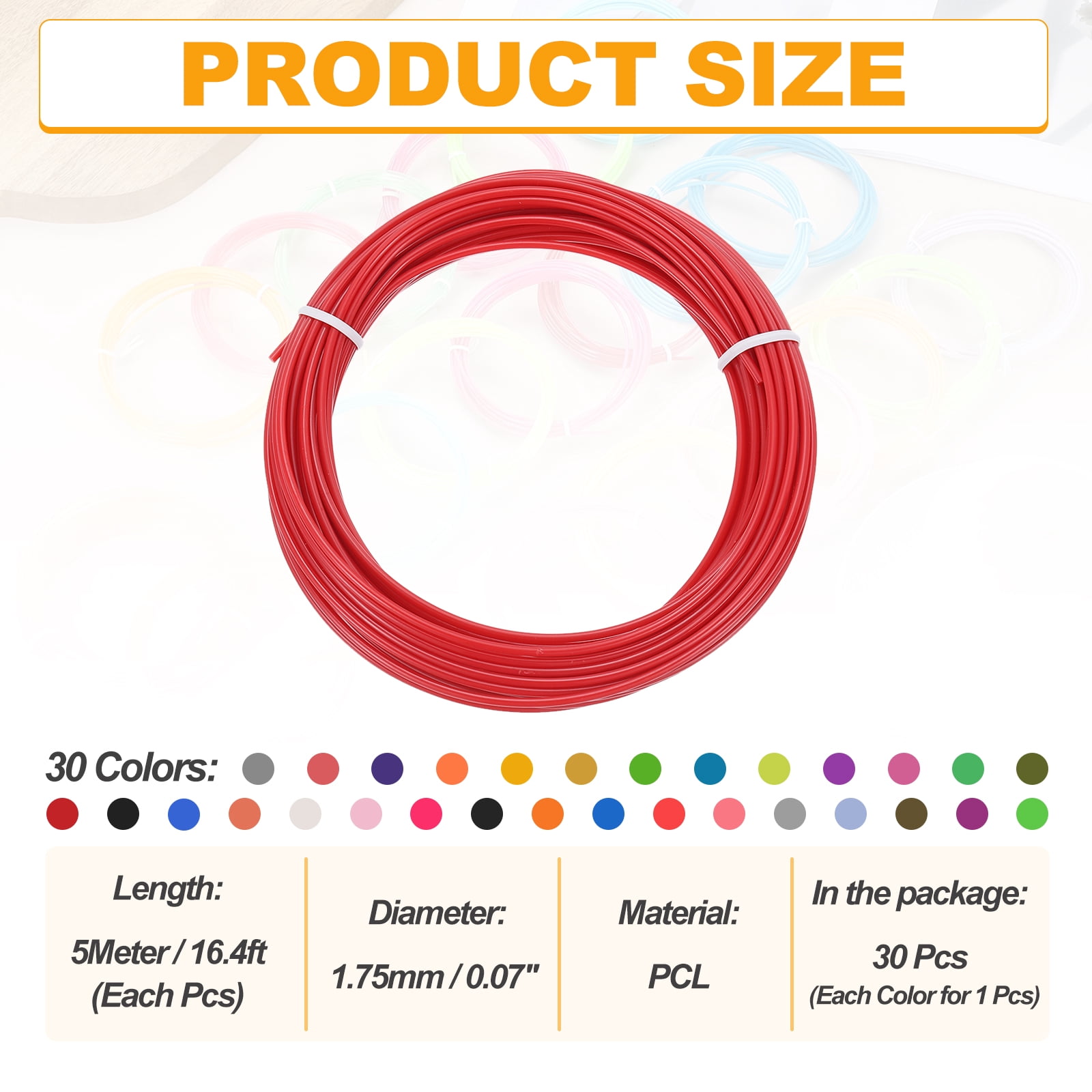 Uxcell 30 Colors 3D Pen Filament, 1.75mm Each 16.4FT, Total 492FT PCL Filament Refills Low Printing Temperature for 3D Drawing Pens