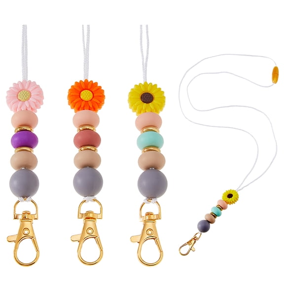 3Pcs Silicone Beaded Lanyard Flower Teacher Lanyards for ID Badges and Keys Retractable ID Badge Holder Cute Breakaway Lanyards Necklace for Women