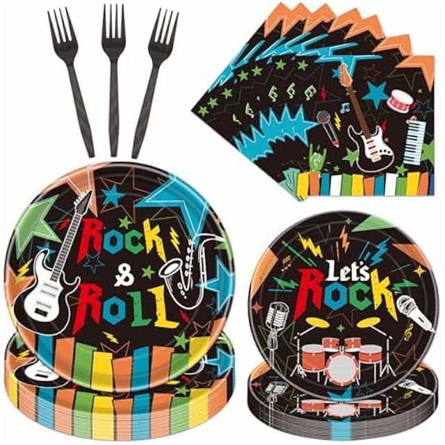 wonima02 Rock and Roll Party Decorations, 96PCS Rock N Roll Party Decorations Plates Napkins and Forks Disposable Tableware Set, Music Guitar Themed Birthday Baby Shower Decor Supplies, Serve 24