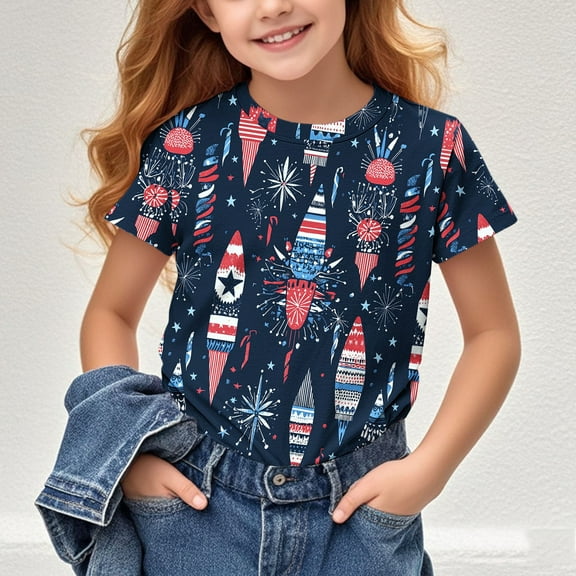 BRGZLK Children's Independence Day Top Trendy 4Th Of July Flag Printed Pattern Tees Short Sleeved Round Neck Casual Versatile Tops Navy 4-5 Years
