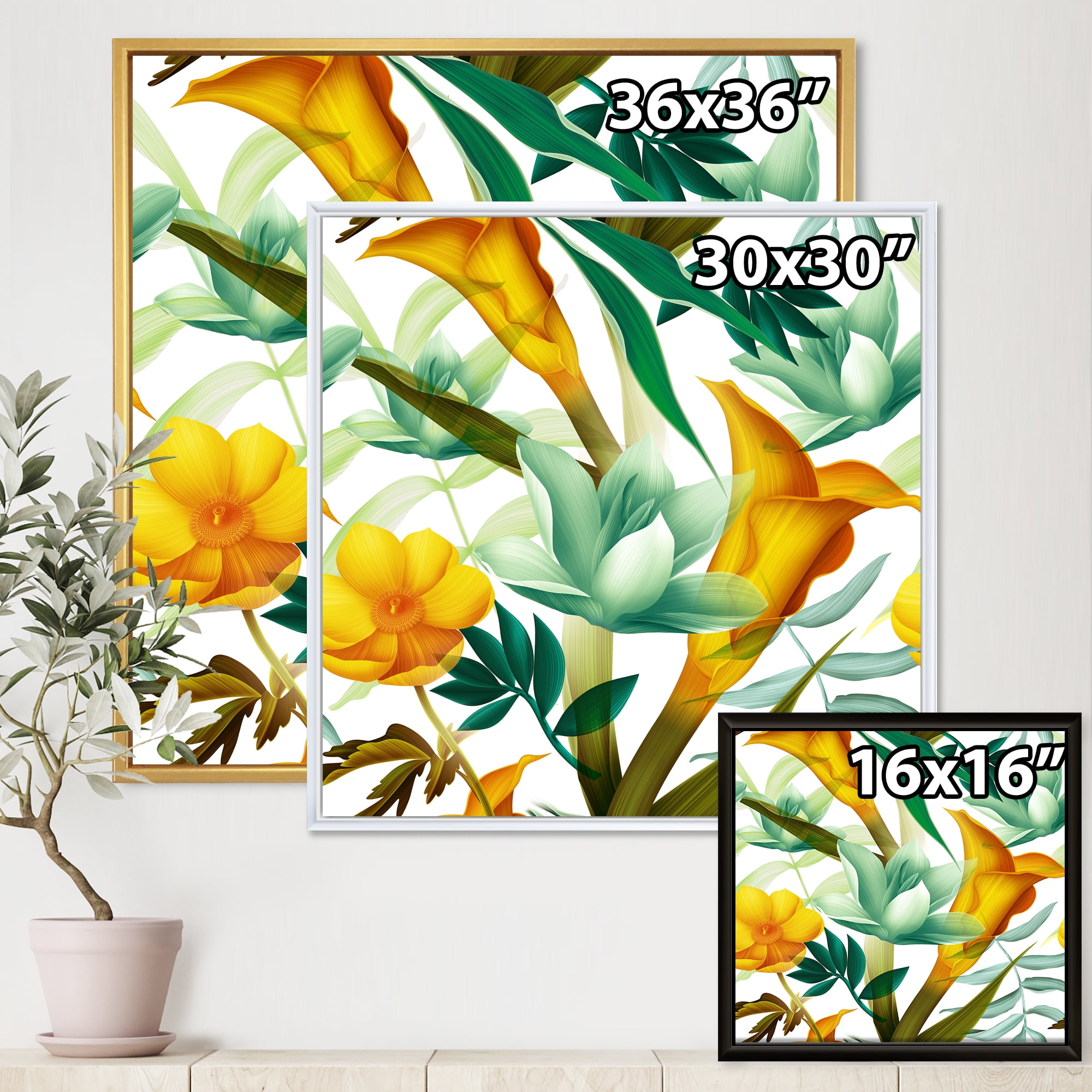 Designart 'Yellow Flowers and Tropical Foliage III' Modern Framed Canvas Wall Art Print