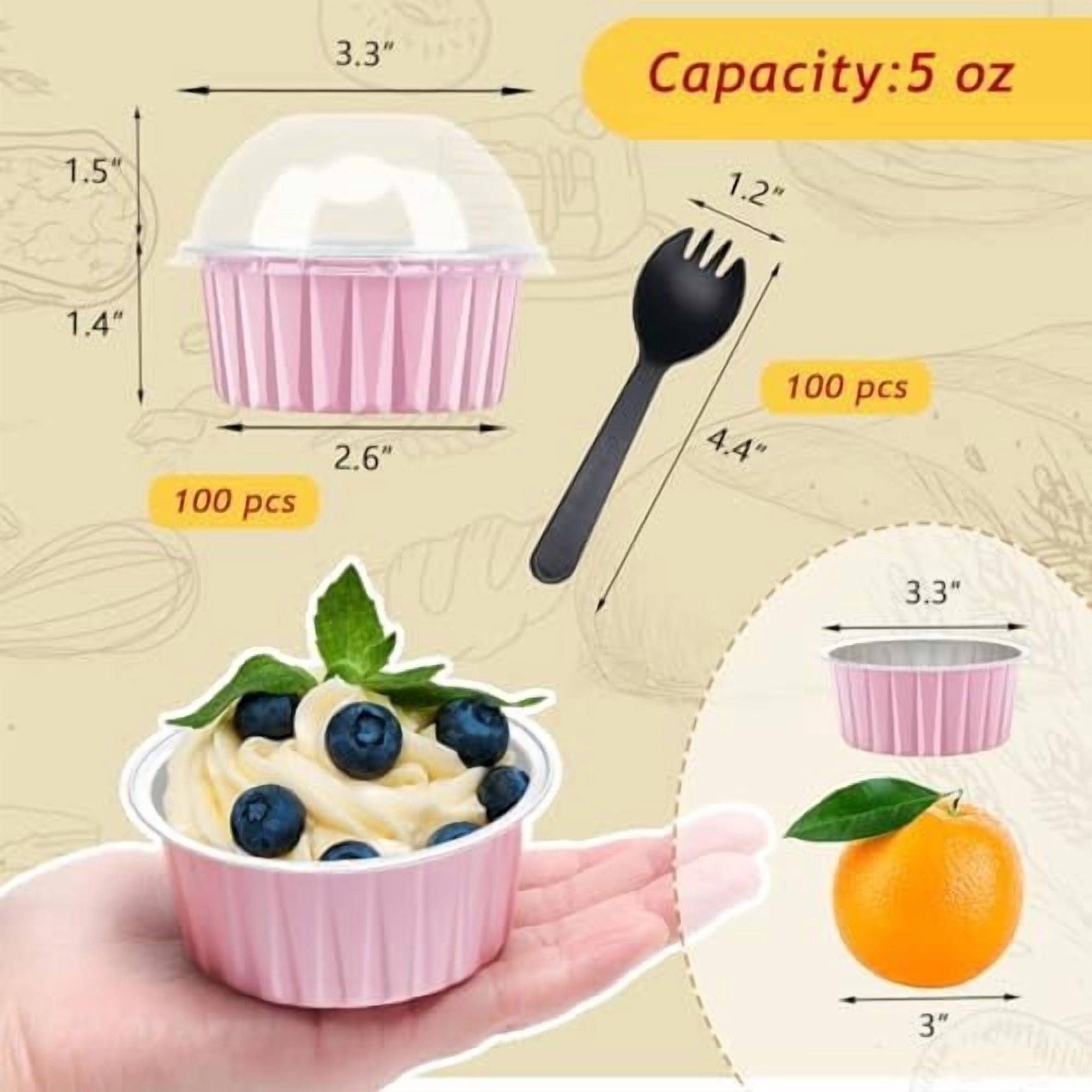 5oz Cupcake Pans with Dome Lids 100 Pack, Aluminum Foil Small Cake Baking Tin,Disposable Ramekins Cupcake Baking Cups Containers,Mini Pie Pans Muffin Tins Jumbo Cupcake Liners-Pink