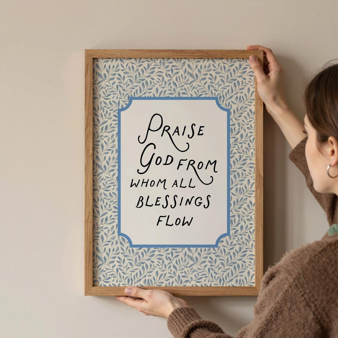 Praise God From Whom All Blessings Flow Blue Floral Christian Wall Art Print Living Room And Bedroom Decor