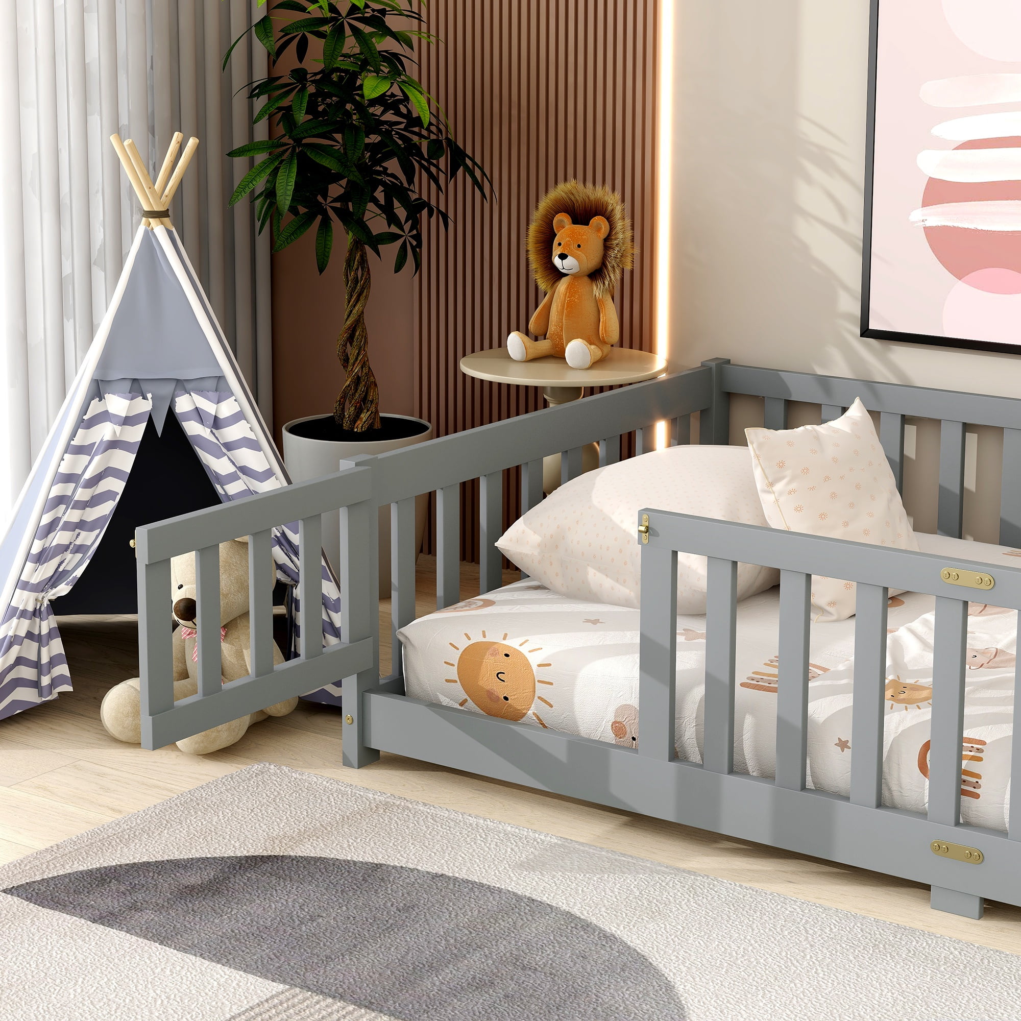 Twin Size Kids Toddler Floor Bed with Door and Fence, UHOMEPRO Montessori Floor Bed with Slats and Safety Guardrails, Solid Wood Twin Bed Frame for Bedroom, Gray
