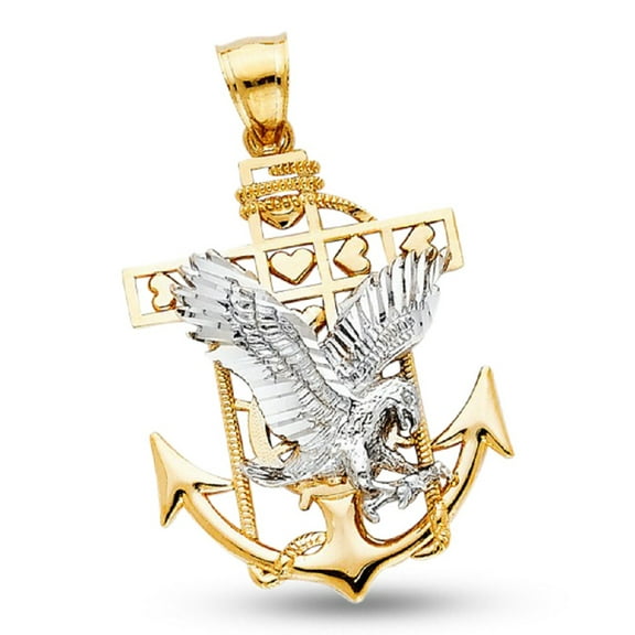 Eagle Anchor Pendant Solid 14k Yellow Gold Mariner Heart Charm Polished Fancy Style 29 x 22 mm