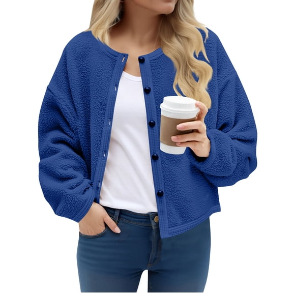 Homenesgenics Winter Coat Winter Clothes Womens Fleece Jackets Cropped Button Down Crew Neck Coats Fall Casual Trendy Outerwear Blue L
