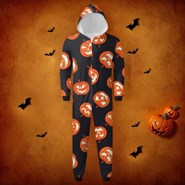 Family Halloween Pjs Matching Sets Halloween Print Long Sleeve Zippered One Piece Pajama Hooded Jumpsuit Winter Halloween Pjs Family Set