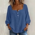 thumbnail image 4 of Miluxas Womens Long Sleeve Blouses Summer Cotton Linen Square Neck Tunic Shirts Button Up Loose Fit Business Casual Blouse Vacation Outfits Blue, 4 of 7