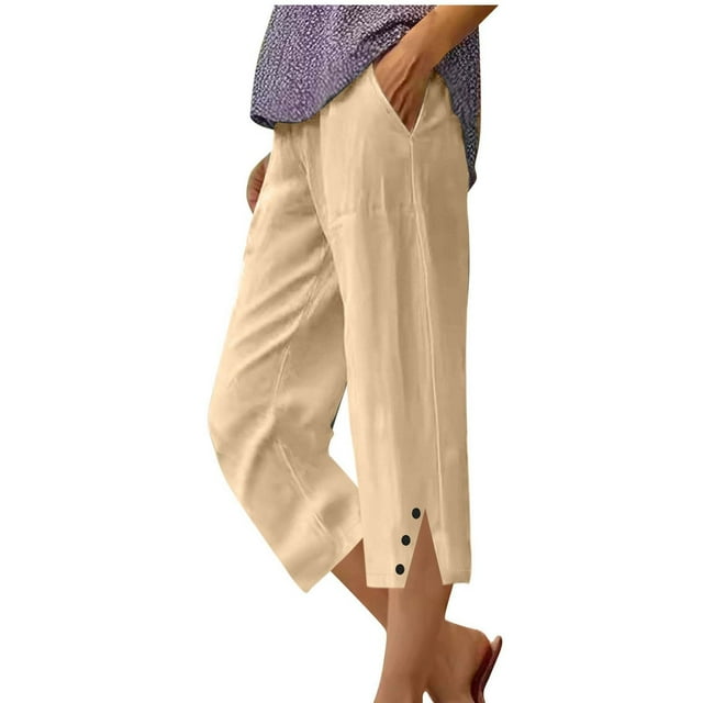 Capri Pantalones para Mujeres Casual Verano Color Sólido Lino, Bolsillos Cintura Elástica Pantalones Cortos Ligeros