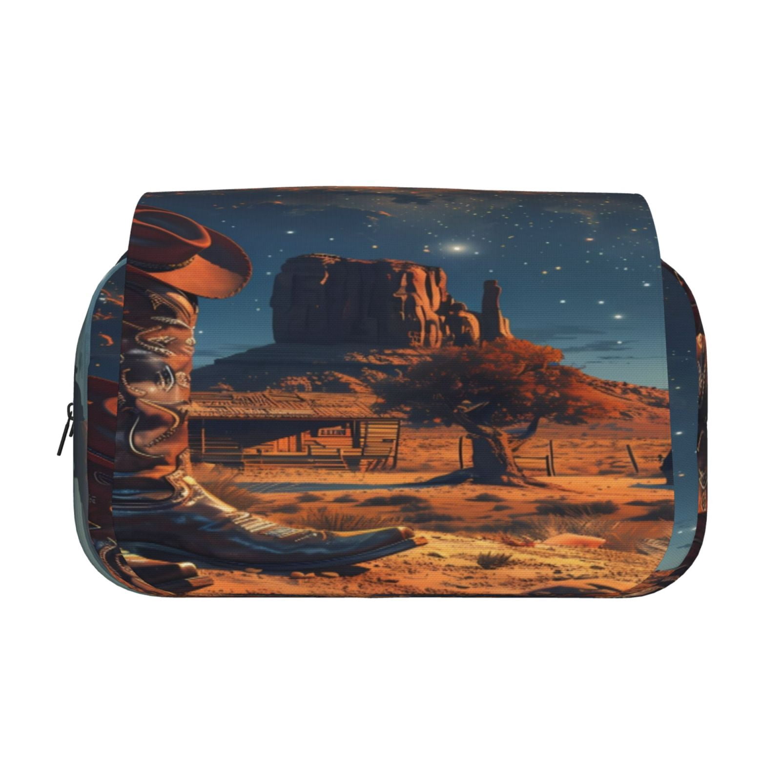 Rateoe Cowboy Boots Under Starry Sky Pattern Double Clamshell Pen Case, Storage Organizer with Two Zipper Compartments– Holds Up to 50 Pencils & Pens