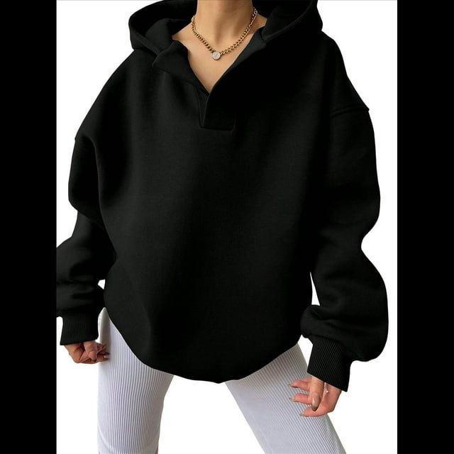 Sudadera con Capucha de Gran Tamaño para Mujer, Cuello en V, Forro , Larga, Estilo Y2K, Ropa de Otoño A Negro XL