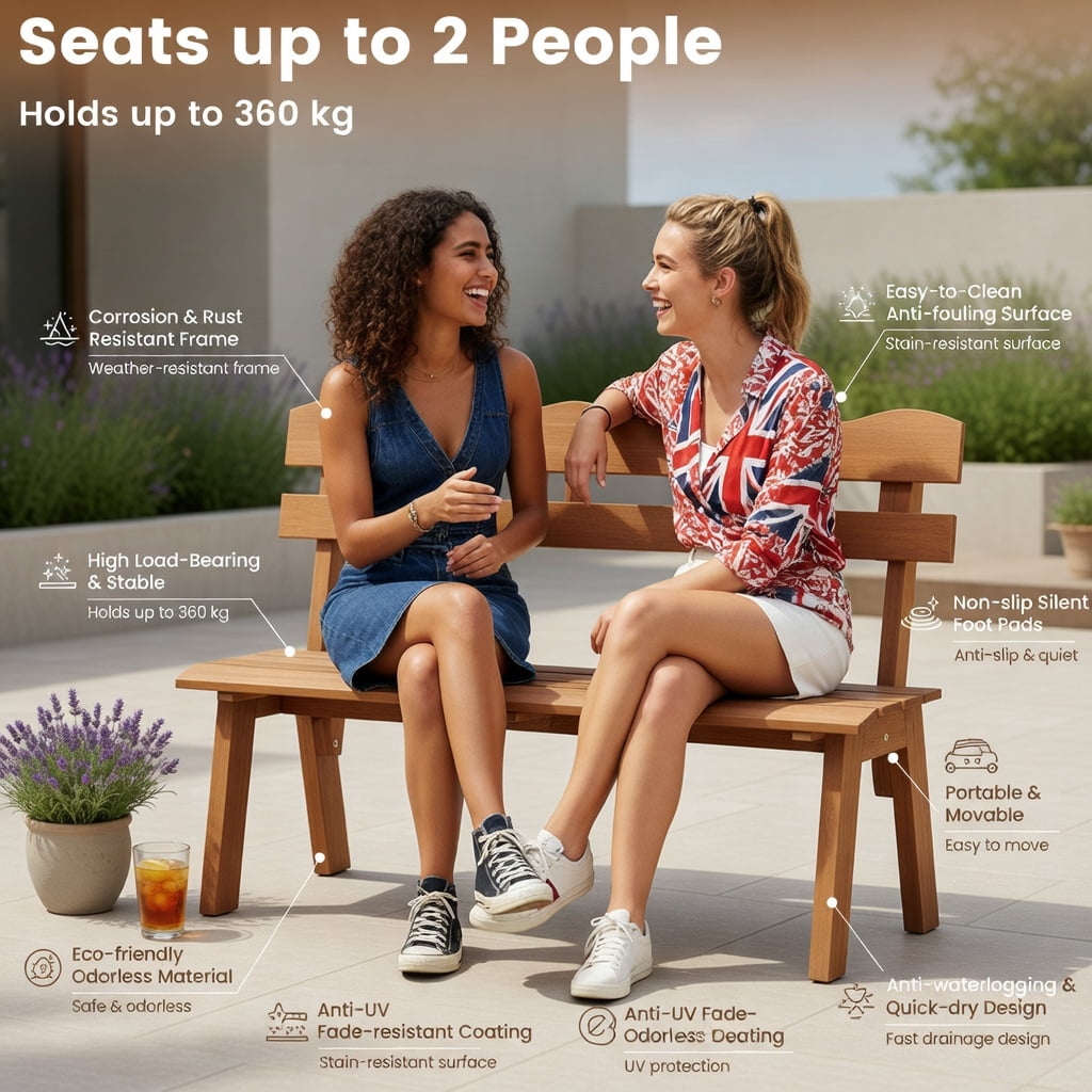 Hommoo Sturdy Outdoor Acacia Wood Garden Bench, Ergonomic Waved Backrest, Adjustable Feet, Pre-Assembled for Patio, Porch & Backyard, Natural