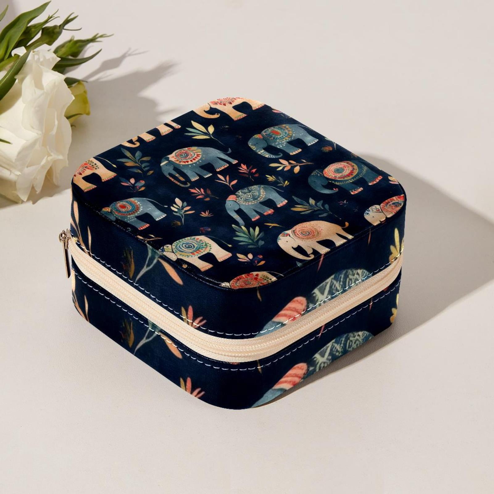 PhooArto Small Jewellery Box, Colors Tribe Elephants Pattern Portable Travel Mini Jewelry Case for Women Leather Ring Organizer