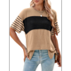 thumbnail image 1 of Blusas de Verano para Mujer, de Gran Tamaño, con Cuello Redondo, Informales, A Rayas y Bloques de Color, Color Caqui, Talla S, 1 of 9
