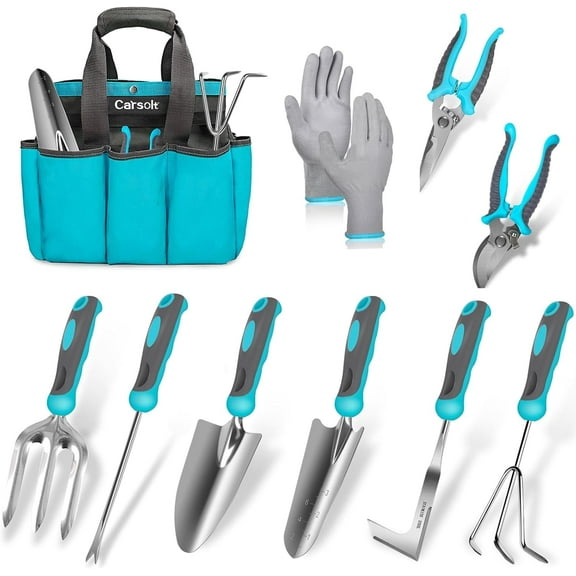 Carsolt 10 Piece Heavy Duty Stainless Steel Garden Tools Set with Ergonomic Rubber Handle. Variety of Gardening Hand Tools for Planting. Ideal Garden Gifts
