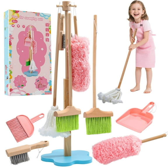JoyStone 6 Pcs Wooden Toddler Cleaning Set, Pretend Play Household Cleaning Tools Gifts for Kids Age 3-6, Includes Broom, Mop, Duster and Dustpan, Safe & Durable