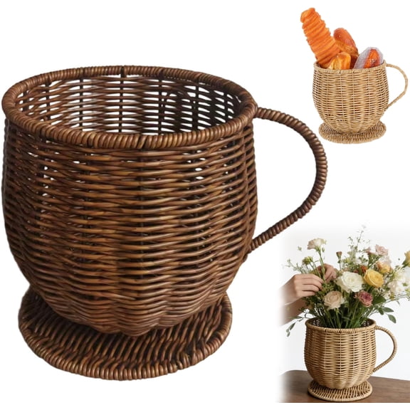 Wicker Coffee Cup Shape Storage Basket, Handwoven Woven Organizer for Fruit Bread, Rattan Creative Farmhouse Fruit Bowl, Multi-Purpose Container for Kitchen Countertop (Coffee)