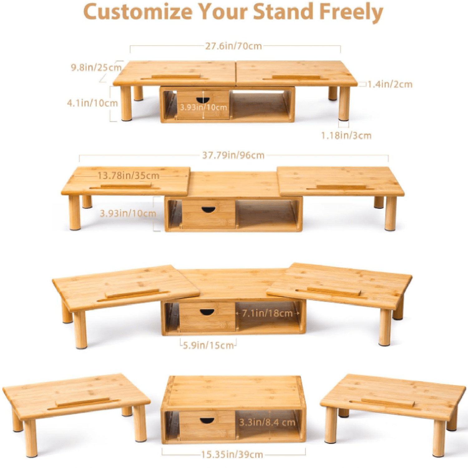 Dual Monitor Stand Riser with Drawer for Desk Laptop Desk Shelf with Adjustable Length and Angle, Bamboo Computer Stand Riser for 2 or 3 Monitors Screen Laptop PC TV -Natural