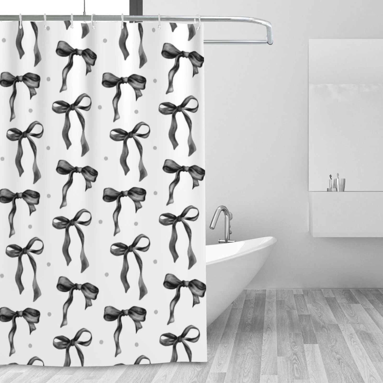 HVEST Black Bow Shower Curtain with Black and White Design - Modern Simple Aesthetic Bathroom Decor, Waterproof Polyester Fabric, Includes 12 Hooks, 72x78 Inches