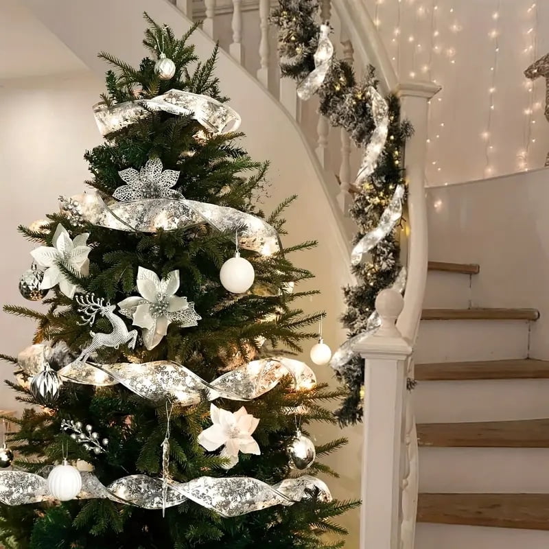 100 LED Battery-powered Christmas Tree, Christmas Tree With 32 Feet Of Ribbon, Golden Wire Ribbon, Christmas Tree Decorations, Christmas Ribbon Lights