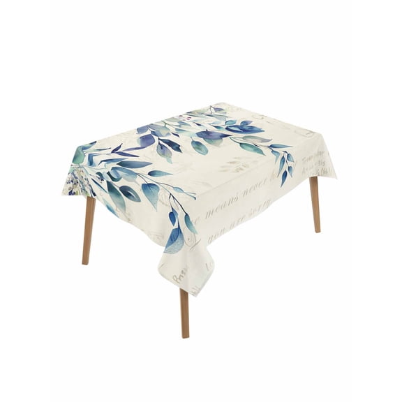 Blue Teal Eucalyptus Leaves Table Cloth, Watercolor Vintage Botanical Waterproof Tablecloth for Rectangle Tables, Reusable Washable Fabric Table Cover for Restaurant Kitchen Dining Tables 60"x84"