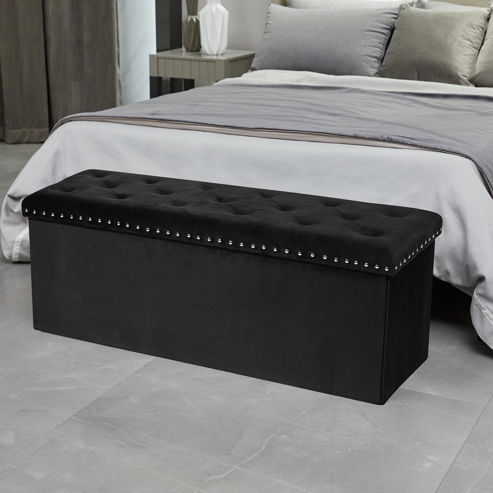 PINPLUS 43.3" Black Velvet Ottoman Storage,Extra Large End of Bed Storage Box with Lids,Footstool Folding Bench Window Seat with Rivet