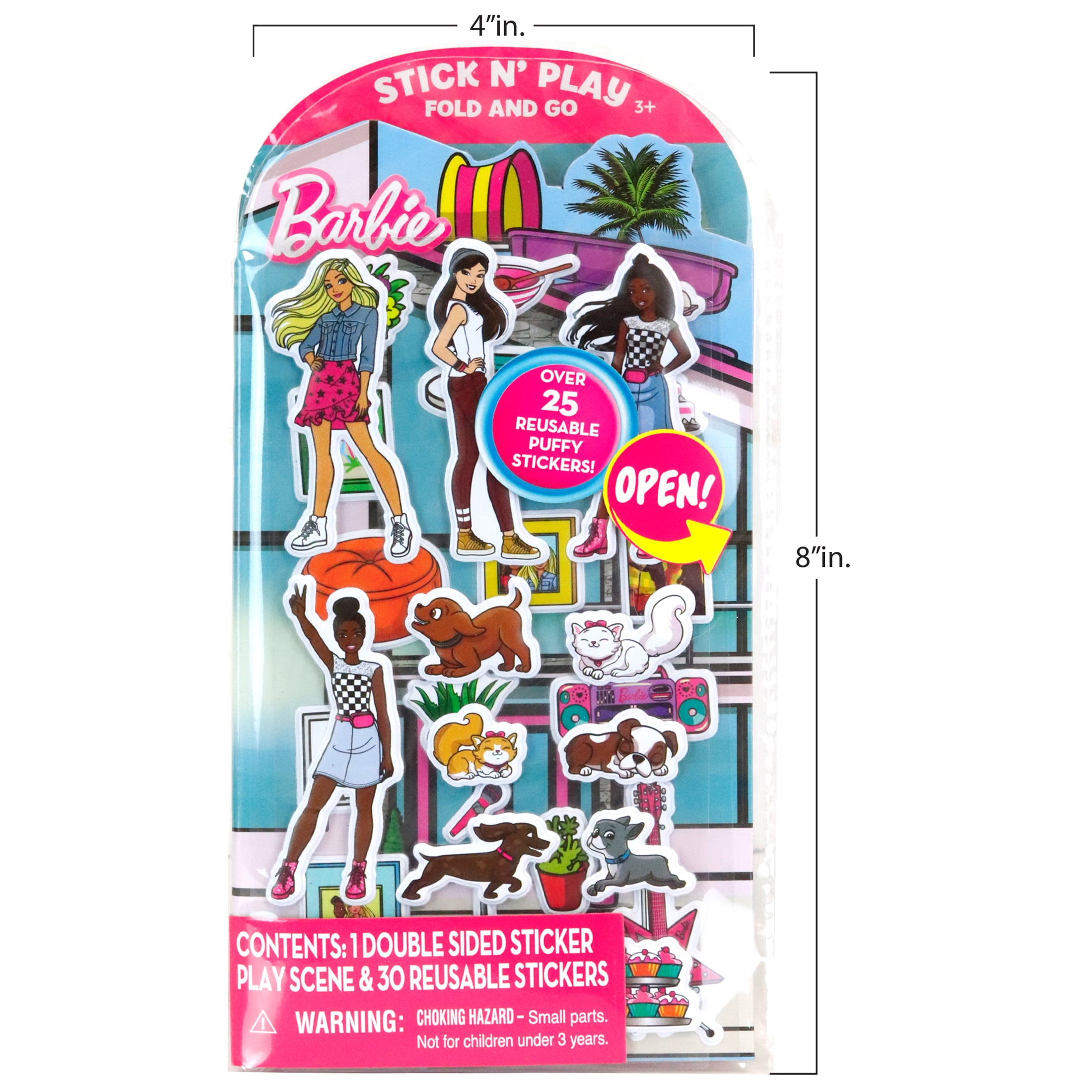 Barbie Stick and Play, Fold and go with 25 Multicolor Repositionable Puffy Stickers, for Female Ages 3+