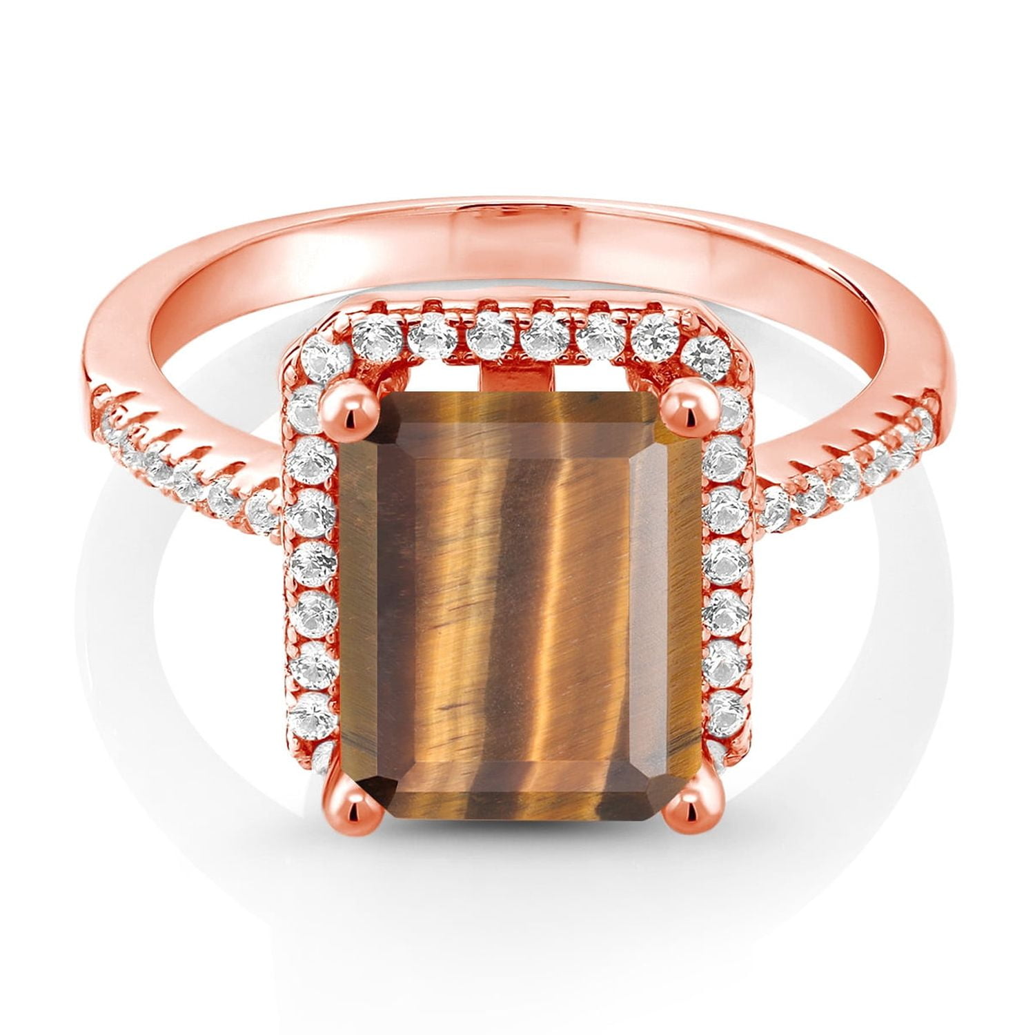 Gem Stone King 18K Rose Gold Plated Silver Brown Tiger Eye Engagement Ring for Women (3.36 Cttw, Emerald Cut 10X8MM, Gemstone Birthstone, Size 5)