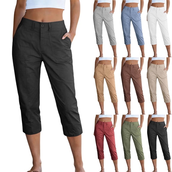 Purcolt Cargo Capris for Women Summer Casual High Waisted Button Loose Travel Hiking Capri Cropped Pants with Pockets