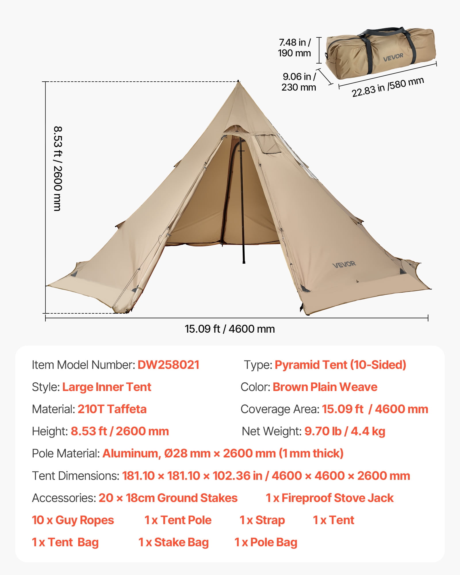 VEVOR Hot Tent for 4-6 Persons, Portable Winter Tipi Tent with Stove Jack, Waterproof Camping Tents, Lightweight 4 Season Shelter Tents for Hiking Fishing Backpacking, L Size