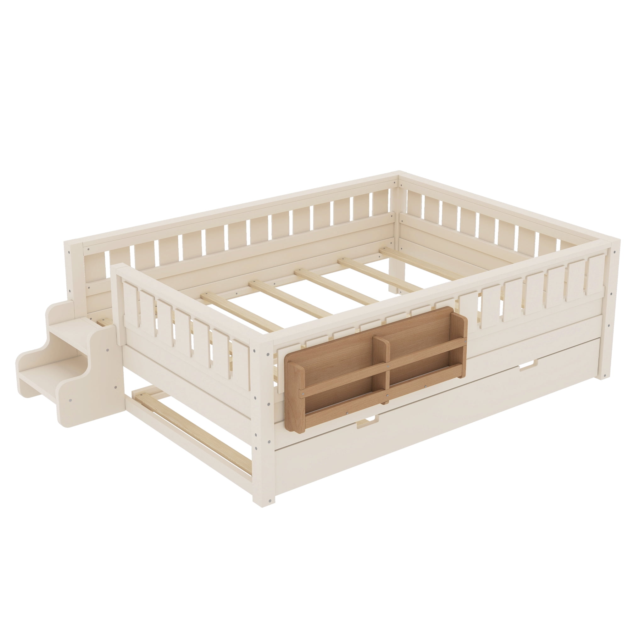 Full Bed with Bookshelf and Trundle 79.1 Inch, Solid Wood Frame with Staircase and Safety Rails, Space-Saving Kids Bed with Storage, Beige