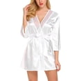 thumbnail image 2 of Zhi Women's Solid Nine-Minute Sleeve Satin Lace Robe, Silky Fabric, Nightwear & Lounge Wear,White, 2 of 6