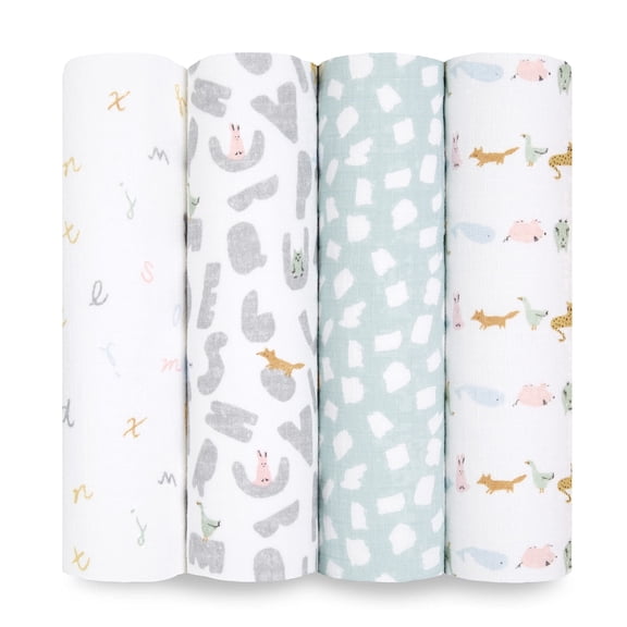 aden anais Alphabet Animals Cotton Muslin Baby Blankets, 4 Count