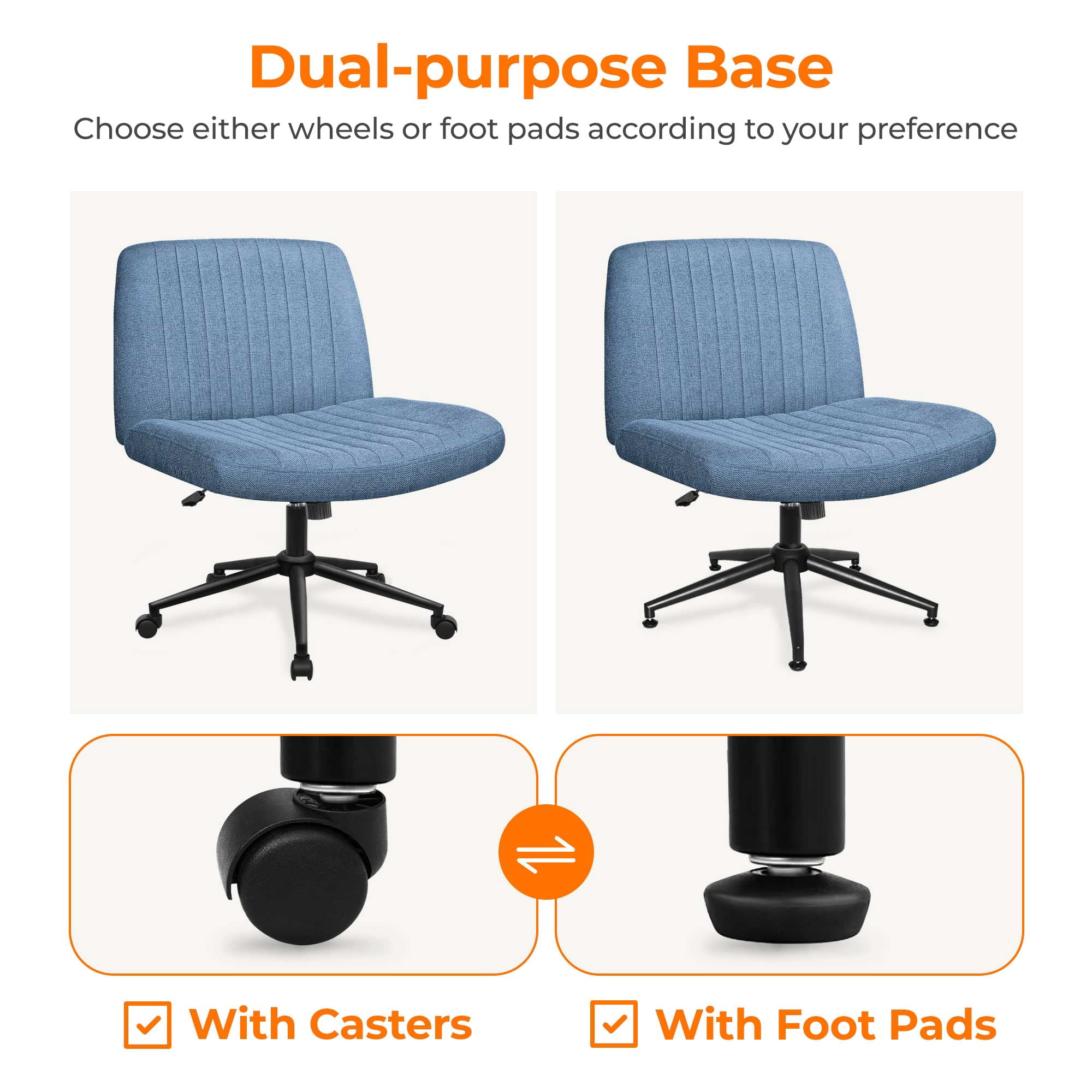 NEO CHAIR Criss Cross Chair with Wheels Armless Cross Legged Office Desk Wide Comfy Vanity Makeup Chair Adjustable Swivel Rolling Computer for Home Office Fabric (Blue Dual Base)