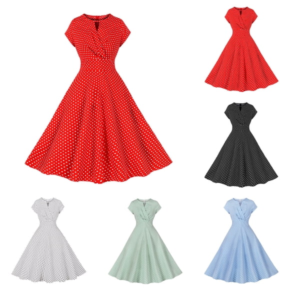 FRSASU Prom Dresses Women Vintage Polka Dot Homecoming Swing Dress Rockabilly Cap Sleeve Knee Length Swing Dresses White