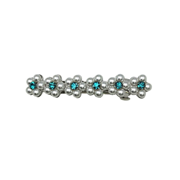 Faship Malibu Blue Teal Rhinestone Crystal Pearls Floral Small Hair Barrette Clip