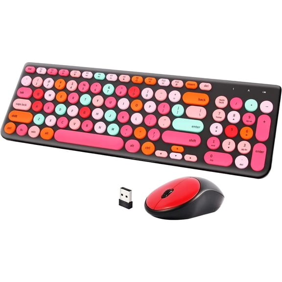 Wireless Keyboard and Mouse Combo, Retro Typewriter Keyboard with Round Keycaps, 2.4GHz USB Cute Wireless Keyboard Mouse for Computer, Desktop, Laptop and Computer (Black-Colorful)